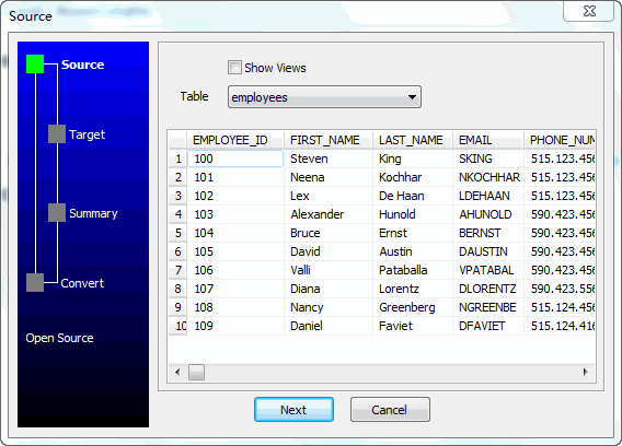 从SQLite Table To Oracle Table导入数据 - 选择源表