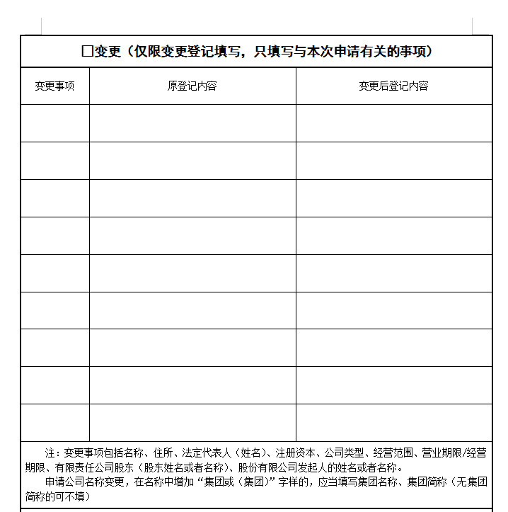 公司登记备案申请书表格